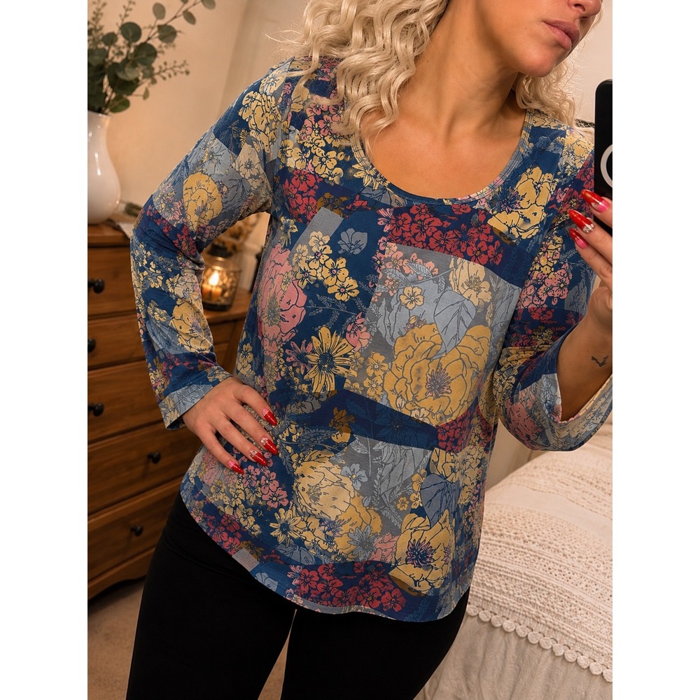 LuLaRoe Long Sleeve Top Womens L Blue Floral Patchwork Good Scoop Neck Relaxed